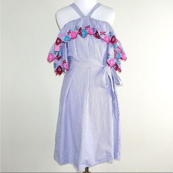 Loft Stripe Ruffle Boho Embroidered Dress Vacation Cruise Resort Wear New - Picture 1 of 16